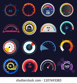 Speedometer vector car speed dashboard panel and speed-up power measurement illustration set of speed-limit control technology gauge with arrow or pointer isolated on background