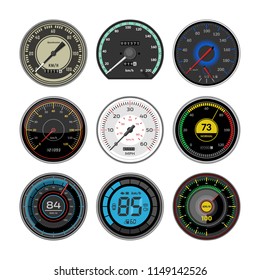Speedometer vector car speed dashboard panel and speed-up power measurement illustration set of speed-limit control technology with arrow or pointer isolated on white background