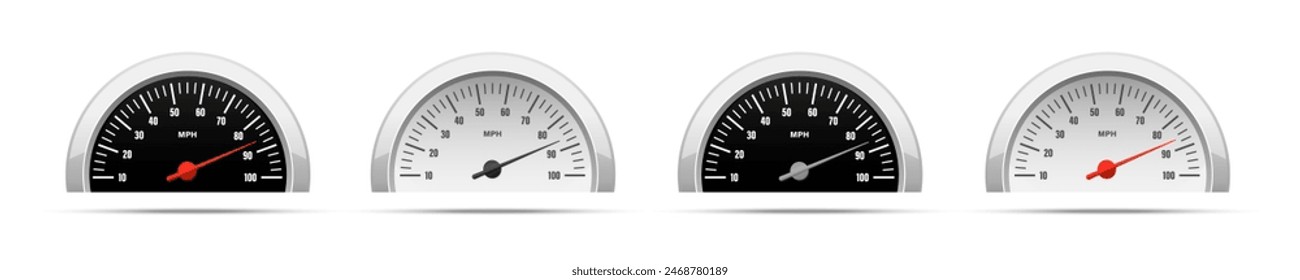 Tachometer-Vektorgrafik. Realistisches Panel zur Geschwindigkeitsmessung. Meilen pro Stunde Fahrzeuganzeige.