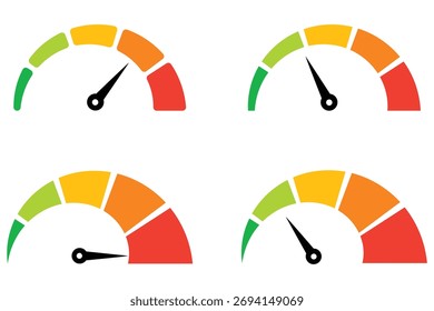 Speedometer vector icon. Dashboard icon set. Isolated speedometer symbols. Speedometer scale indicator, credit or risk loan level Speedometer vector, icon set Set of speedometers fill and outline sign