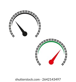 Speedometer vector icon. Gauge dial shape. Measurement arrow element. Dashboard meter symbol.