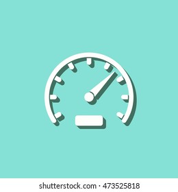 Speedometer vector icon with shadow. White illustration isolated on green background for graphic and web design.