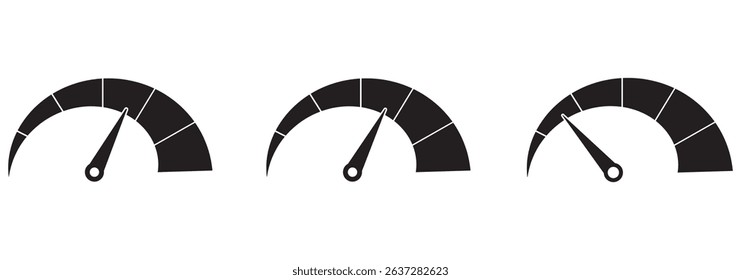 Speedometer vector isolated signs. Customer satisfaction indicator level. Risk level gauge. Normal, Medium and high full speed measurement tool. Variety speedometer.