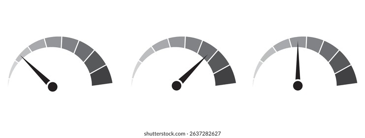 Speedometer vector isolated signs. Customer satisfaction indicator level. Risk level gauge. Normal, Medium and high full speed measurement tool. Variety speedometer.
