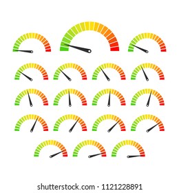 Speedometer vector set. Manometer vector illustration in flat style. Score indicator isolated set. Vector stock illustration.