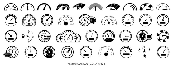 Speedometer vehicle icon collection. Set of car speedometer indicator icons