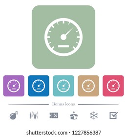 Speedometer white flat icons on color rounded square backgrounds. 6 bonus icons included