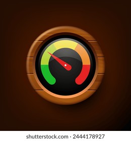 Speedometer in a wooden frame. Vector 3D clipart isolated on a dark background.