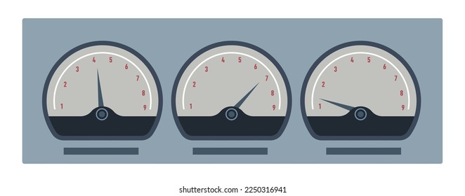 Speedometers with arrows, isolated panel or controller showing displays and lines. Data and information of electric or electronic equipment, part or detail of industrial gadget. Vector in flat style