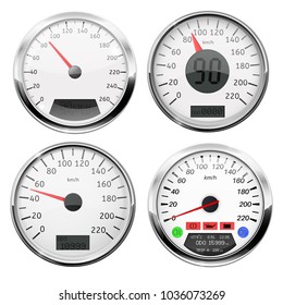 Speedometers. Collection of 3d speed gauges with metal frame. Vector 3d illustration isolated on white background