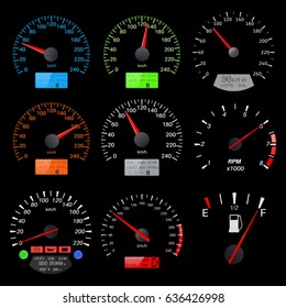 Speedometers. Collection of speed gauges on black background. Vector illustration