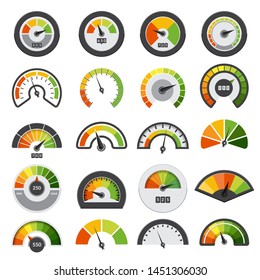 Speedometers collection. Symbols of speed score measuring tachometer level indices vector collection. Illustration of speedometer indicator, speed meter measurement