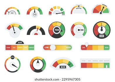 Speedometers and credit indicators. Speed chart, feedback or customer satisfaction meter. Mood scales gauges, progress decent vector elements