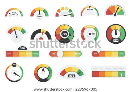 Speedometers and credit indicators. Speed chart, feedback or customer satisfaction meter. Mood scales gauges, progress decent vector elements