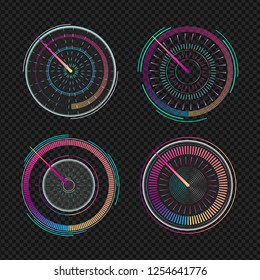 Speedometers for dashboard. Measuring speed analog indicator device. Set of isolated futuristic speedometer, technology gauge with arrow or pointer for vehicle panel, web download speed sign. Vector