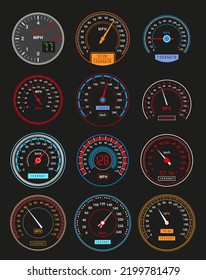 Los velocímetros que iluminan el control del límite de velocidad de transporte, muestran la ilustración vectorial del tablero de mandos. Interfaz de medida del motor del automóvil con números de flechas medidor eléctrico tráfico de conducción rápida indican contador de círculo