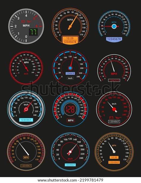 Speedometers glowing transport speed limit\
control dashboard set vector illustration. Automobile engine\
measure interface with arrows numbers electric gauge fast drive\
traffic indicate circle\
counter