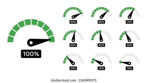 Speedometers icons set. Percentage gauge meter vector illustration.