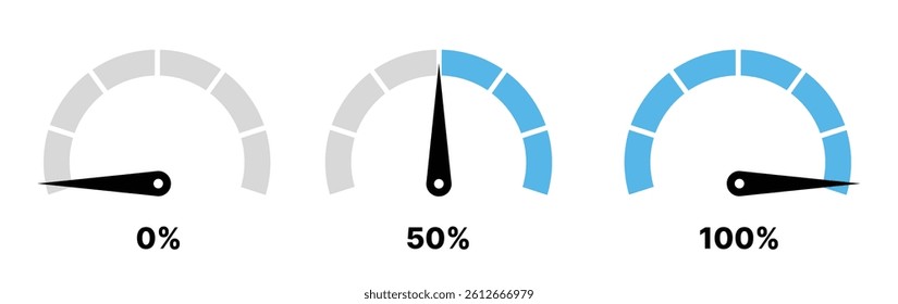 Speedometers icons set. Percentage gauge meter. Percentage Speedometers icon set illustration eps. Percentage meter gauge element.
