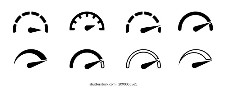 Los iconos de los velocímetros se configuran. Señal del indicador de velocidad. Concepto de rendimiento. Conjunto de concepto de velocidad de escala de retroalimentación. Medidor de satisfacción del cliente. Señal de velocidad rápida. Ilustración del vector