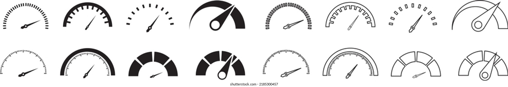 Geschwindigkeitsmesser-Symbole gesetzt. Geschwindigkeitsanzeigezeichen. Leistungskonzept. Schnellzeichen. Vektorgrafik