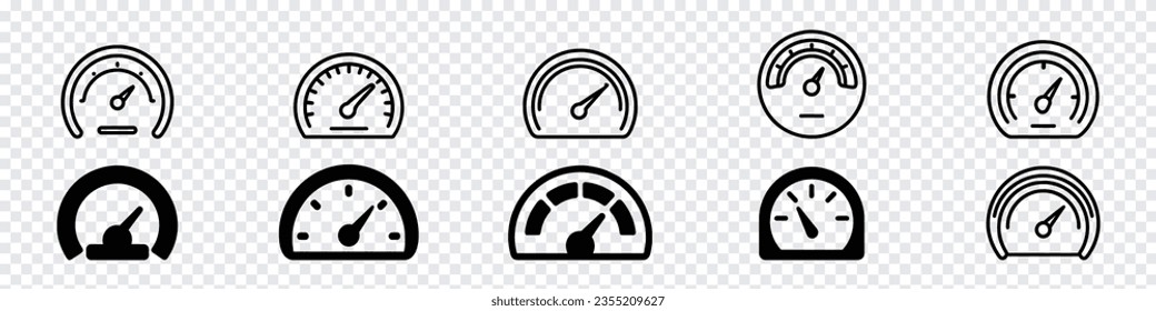 Speedometers icons set. Speed indicator sign. Performance concept. Fast speed sign. Speedometer, tachometer icon. Speed indicator sign. Internet car speed. Performance concept. Speedometer set.