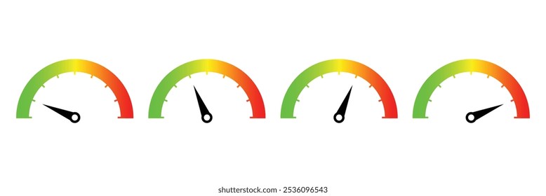Conjunto de iconos de velocímetros. Indicador de velocidad. Concepto de rendimiento. Señal de velocidad rápida. Ilustración vectorial.