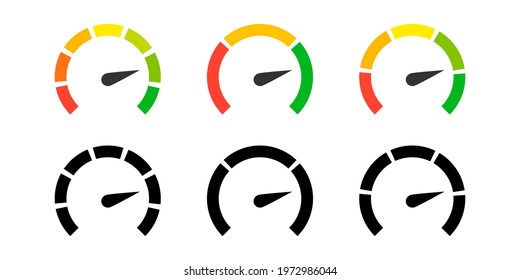 Speedometers icons set. Tachometer. Fast speed sign. Indicator concept in vector flat style