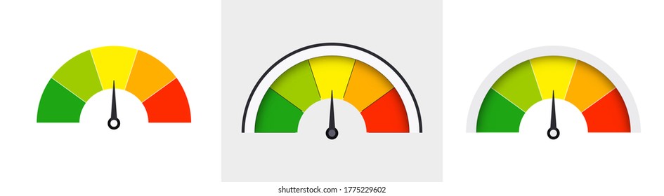 Speedometers indicators set. Color sensors for measuring speed and power dial of an automobile control panel fuel rating chart vector tachometer scale interface.