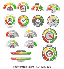 Speedometers with poor and good rating indicators set. Levels of client satisfaction with credit score on white background. Business, credit score, customer satisfaction rating concept