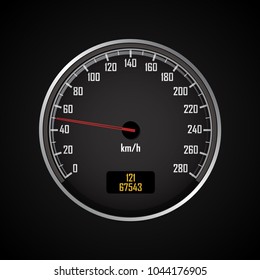 Speedometers. Round black gauge with and without chrome frame. Vector 3d illustration.