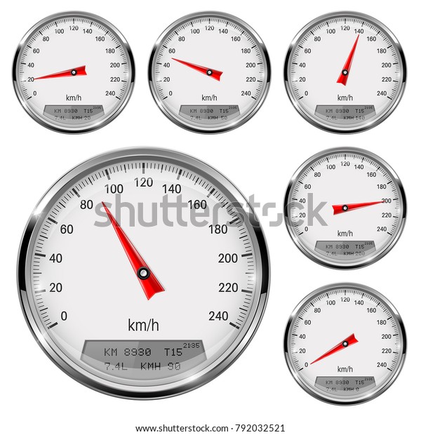 Speedometers. Round speed gage with metal\
frame. Vector 3d\
illustration