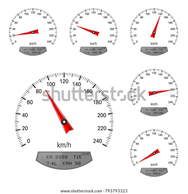 Speedometers.\
Round speed scale. Vector 3d\
illustration