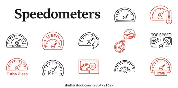 Speedometers set icon. Dashboard gauge, thermometer, helmet indicator, acceleration meter, velocity display, warning panel, automotive instrumentation, kilometer measurement, racing control
