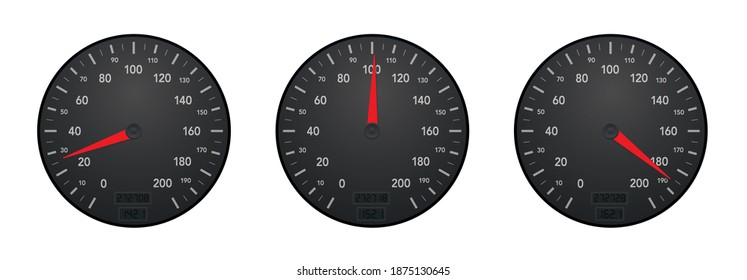 Speedometers showing slow, moderate and fast velocity. Three displays with different tempos - driving slowly, with normal pace and crazy fast speed. Isolated vector on white background.
