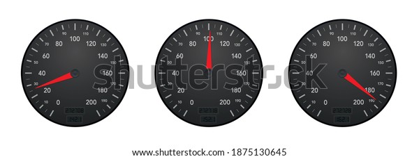 Speedometers showing slow, moderate and\
fast velocity. Three displays with different tempos - driving\
slowly, with normal pace and crazy fast speed. Isolated vector on\
white\
background.\
