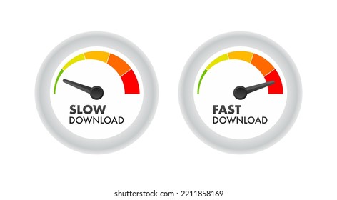 Speedometers with slow and fast download. Vector stock illustration.