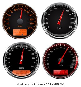 Speedometers and tachometers. Car dashboard black gauges with chrome frame. Vector 3d illustration isolated on white background