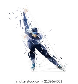 Speedskating low poly logo, front view of geometric male speed skater, isolated polygonal vector illustration from triangles. Winter sport athlete