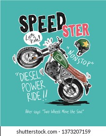 Speedster Slogan With Cartoon Motorcycle And Helmet Illustration