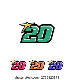 Speed-Styled 20 Number, Featuring Bold and Impressive Sports Design. The numbers use a dynamic, thick, angular font with aggressive lines, typical of sports brands and racing teams. Isolated on white background.