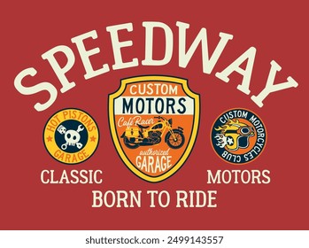 Speedway biker club motorcycle custom motors cute vector print for kid children wear shirt with embroidery patches