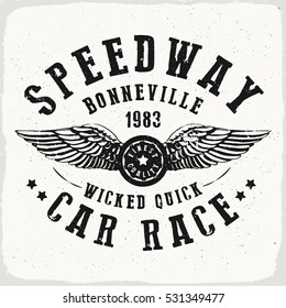 Speedway Car Race print in black and white for t-shirt or apparel. Retro style graphic with old school typography for fashion and printing. Vintage effects are easily removable.