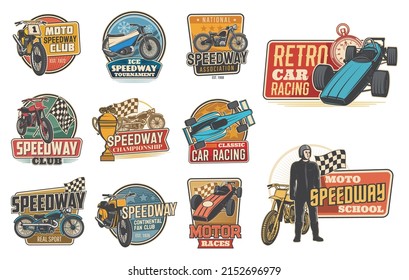 Iconos vectoriales retro de carreras de carreras y carreras de autos, rally de carreras deportivas y motocicletas. Bandas y emblemas de los clubes de carreras de carreras, carreras de cascos, torneo de carreras de motocross y carteles de la copa de campeonato