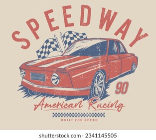 Speedway graphic print design. Speed racing print design for t shirt print, poster, sticker, background and other uses. American racing. Race flag. 