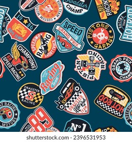 Speedway hot rod and racing team stickers patchwork vintage vector seamless pattern for children wear fabric shirt sweatshirt pajamas