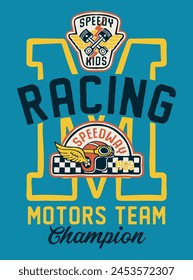 Speedway kids racing motor team cute vector print for children t shirt with applique  embroidery patches