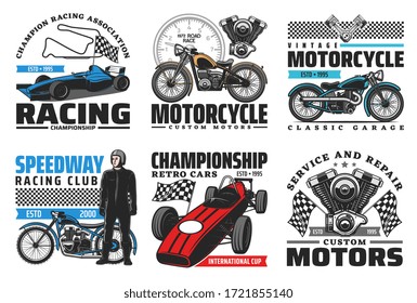 Speedway Motorcycle Bike Races And Car Racing Retro Vector Icons. Speedway Racing Club And Retro Sport Cars Championship Cup, Tournament Racetrack, Motorcycle Garage Repair And Repair Service Signs