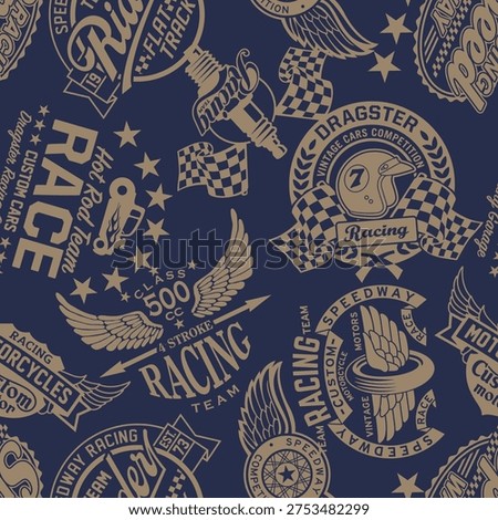 Speedway racing team labels badges patchwork wallpaper vintage vector seamless pattern for boy man sportswear t shirt fabric sweatshirt 