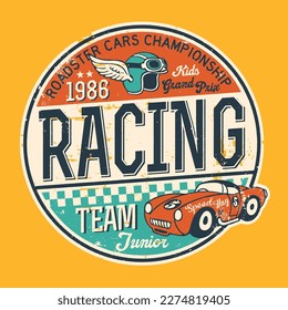 Speedway roadster car championship kids racing team cute grunge vector print for children wear t shirt